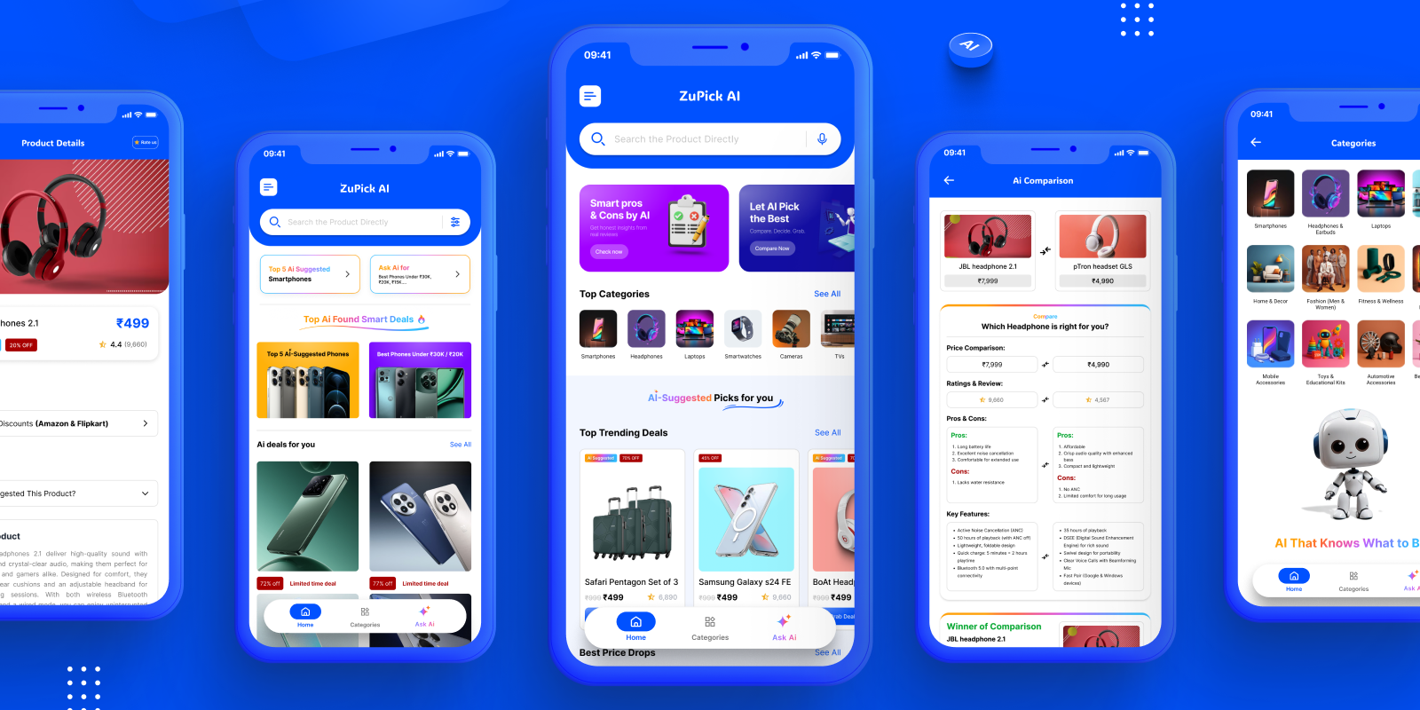 ZuPick App Screenshots - AI-powered product discovery, smart comparisons, pros & cons analysis, and category browsing
